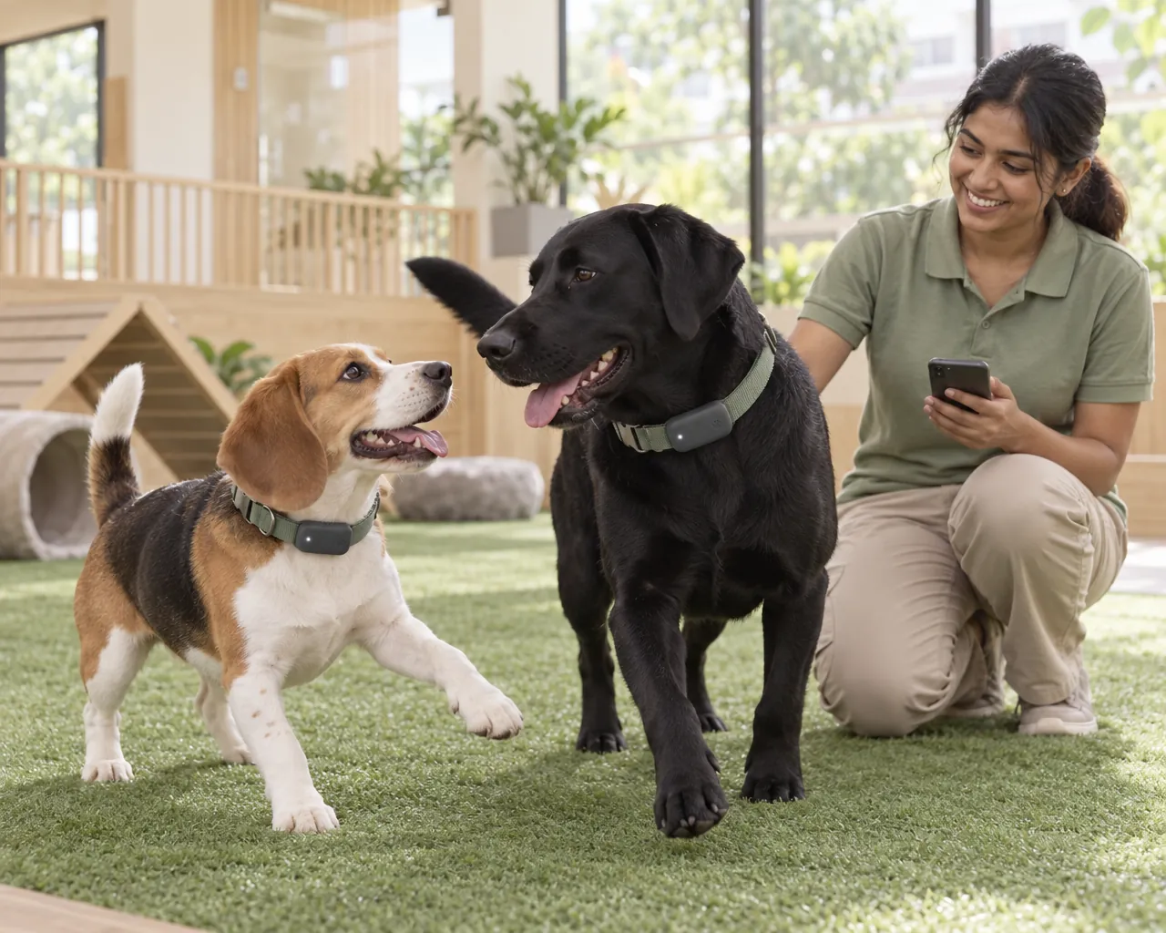 Dogs at a calm, premium boarding centre wearing PawsTrust bands