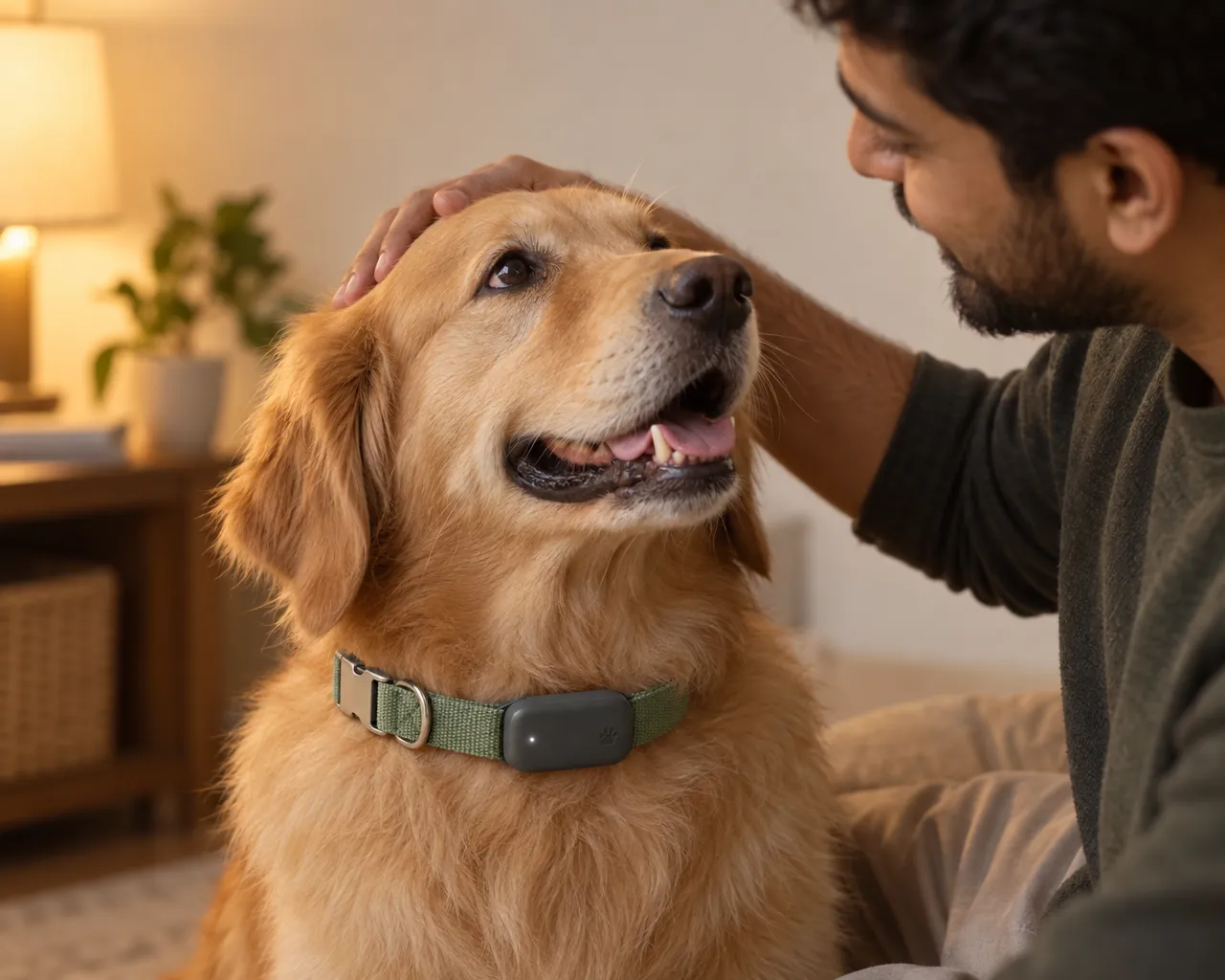 A calm golden retriever with its owner's hand on its head