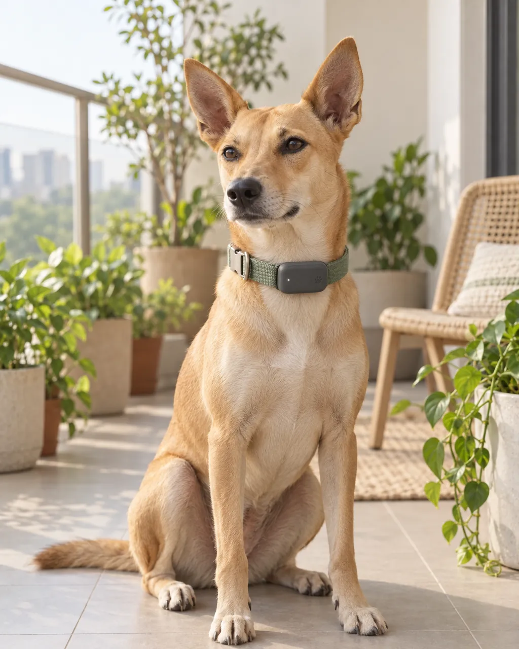 Indian indie dog wearing the PawsTrust smart band on a sunlit Bengaluru balcony