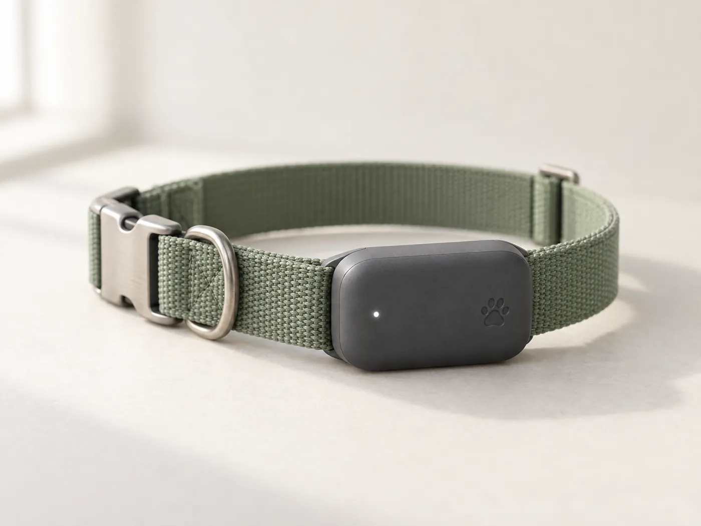 The PawsTrust Band: sage-green collar with a compact charcoal sensor module