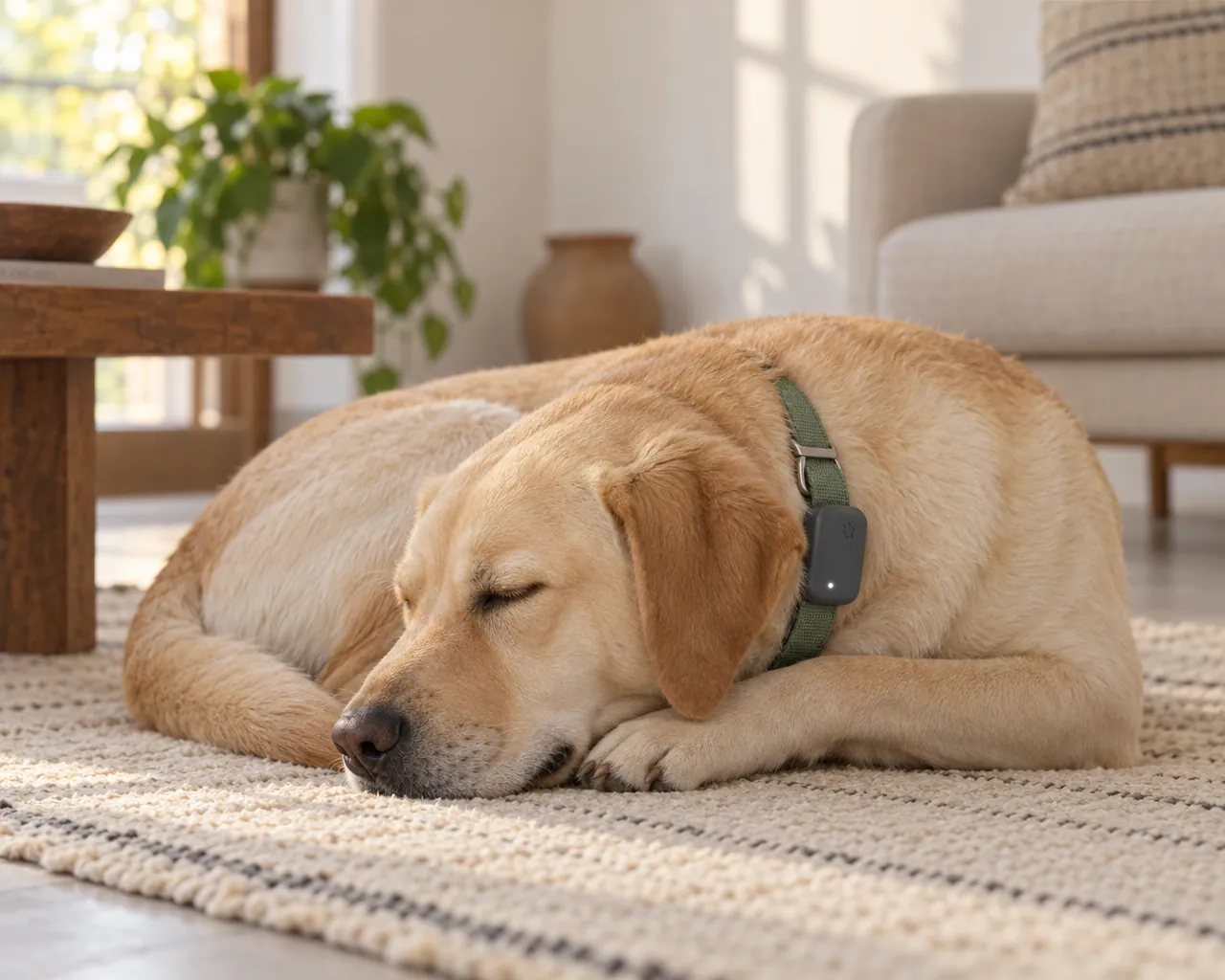 Labrador resting at home wearing the PawsTrust band