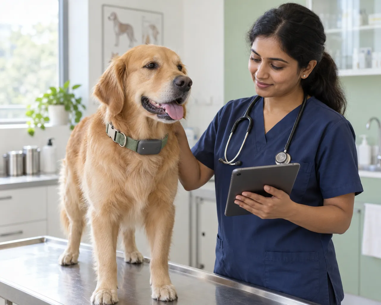 Veterinarian with a golden retriever wearing the PawsTrust band
