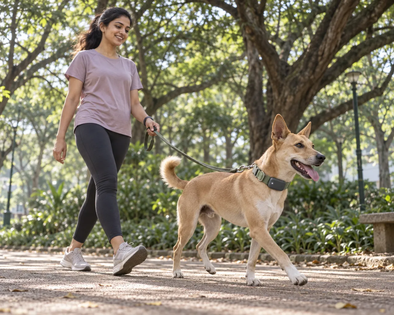 Dog parent walking her indie dog in a Bengaluru park
